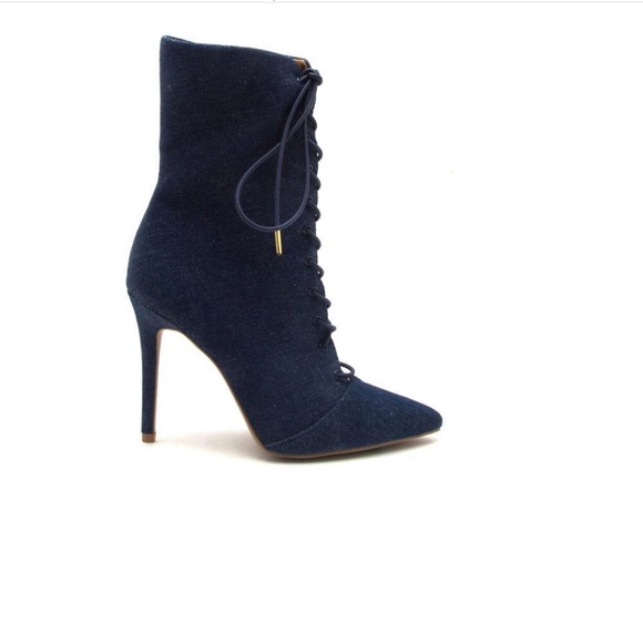 Qupid Shoes - Blue Denim Pointed Ankle Booties.